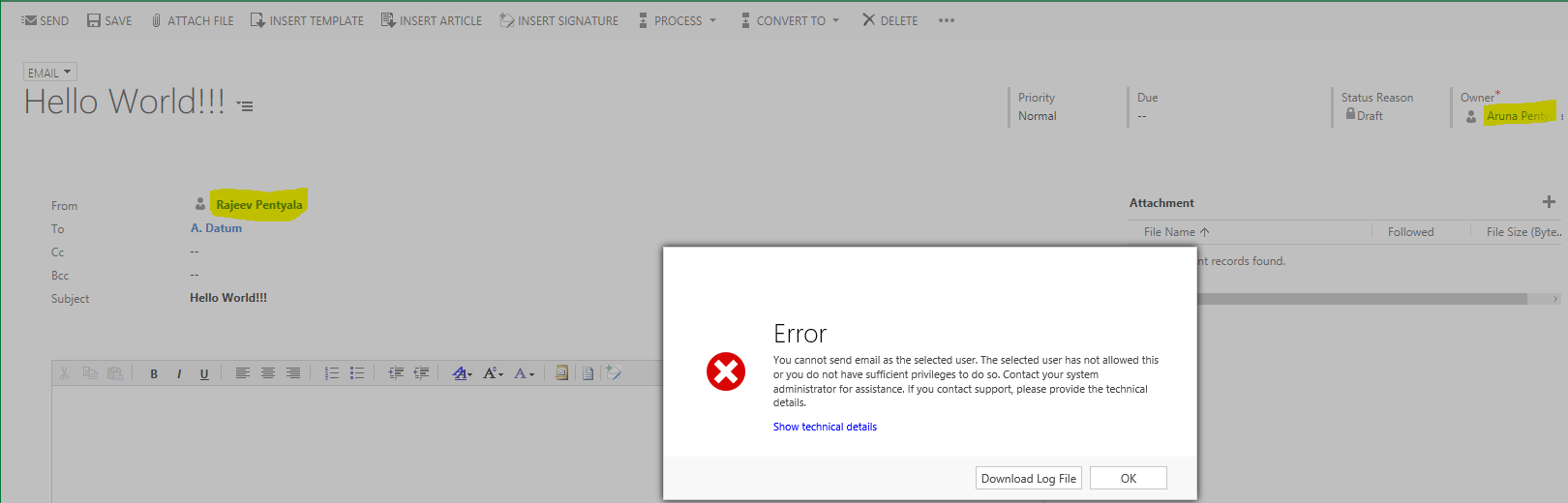 Dynamics 365 – Error while sending mail on behalf of another user